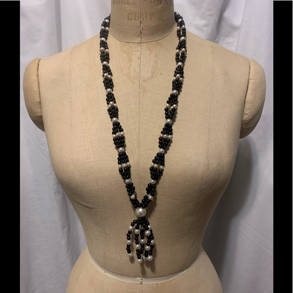 Vintage Long Black & Faux Pearl Tassel Necklace